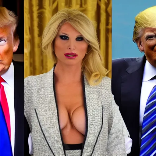 Image similar to donald trump in women's makeup and clothes