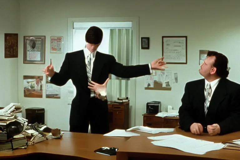 Prompt: cinematic film still from 1994 film: portly clean-shaven white man wearing suit and necktie at his desk, kicking his right foot in the air, XF IQ4, f/1.4, ISO 200, 1/160s, 8K, RAW, dramatic lighting, symmetrical balance, in-frame