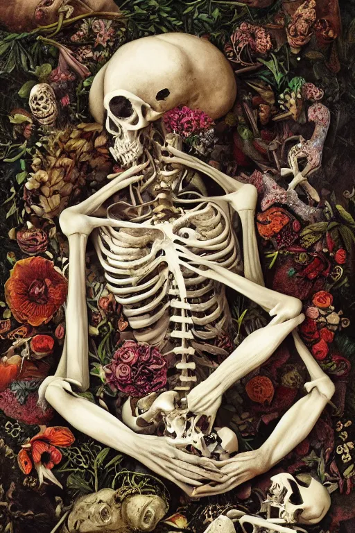 Prompt: anatomical man with large eyes and lips laying in bed of bones of flowers, with an existential dread of love, HD Mixed media, highly detailed and intricate, surreal illustration in the style of Caravaggio, baroque dark art