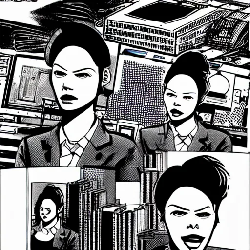 Image similar to twin sister models hacking into the mainframe of the pentagon, in the style of jamie hewlett and riyoko ikeda, black and white, photorealistic, epic, super cool