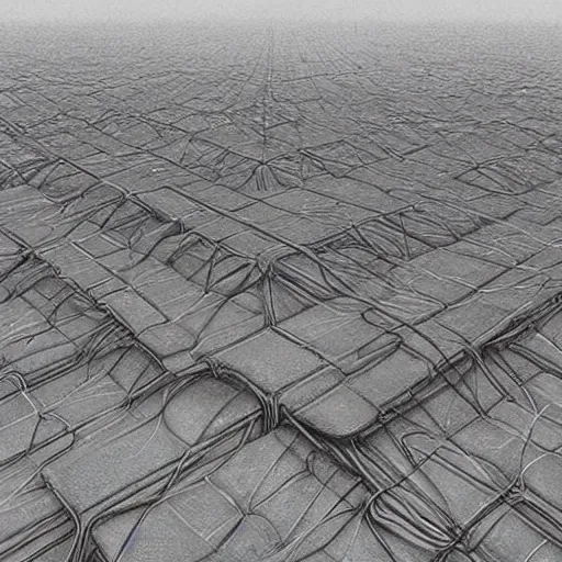 Prompt: A beautiful hyper realistic detailed painting of a chain of blocks, a cybernetic hybrid of 2 gigantic tall skyscaper sized quantum computers and a block calculator machine on a vast black granite tarmac, connected by gold and silver wire cables and chains, by Beksinski, beeple, unreal engine