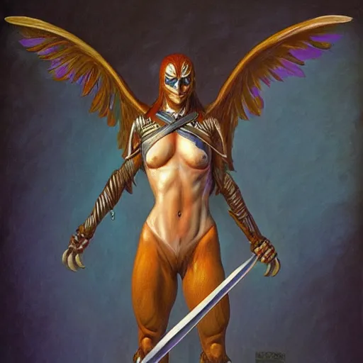 Prompt: torso portrait of a humanoid avian warrior, by Gerald Brom on Artstation