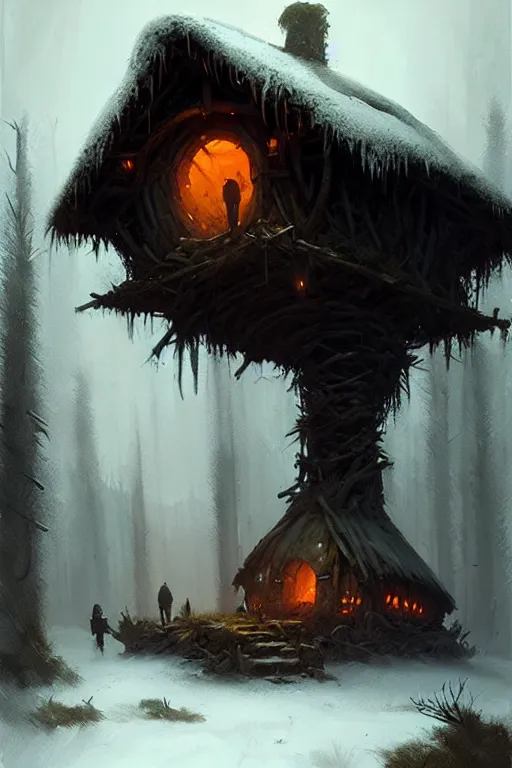 Image similar to greg rutkowski, bog witch hut