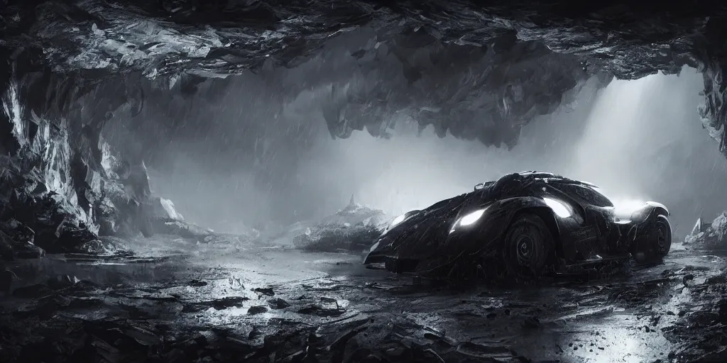 Image similar to the batmobile standing in a very dark and wet cave. highly detailed. intricate. mist. atmospheric. unreal engine render. rim light. photorealistic. 8 k. monochrome. cinematic. matte painting in the style of sparth and ash thorp. trending on artstation.