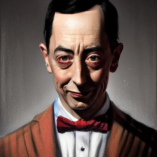 Image similar to close portrait of peewee herman, high detail, dramatic light, digital art, painted by greg rutkowski, painted by seb mckinnon, trending on artstation