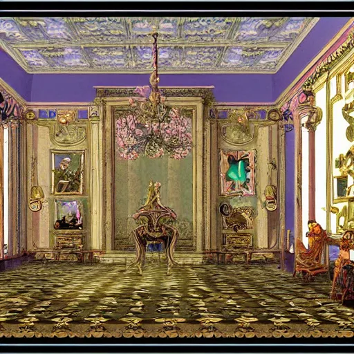 Image similar to rococo virtual art museum in a 9 0 s video game, net art, ps 1 graphics, ps 2 screenshot, hd, intricate, detailed