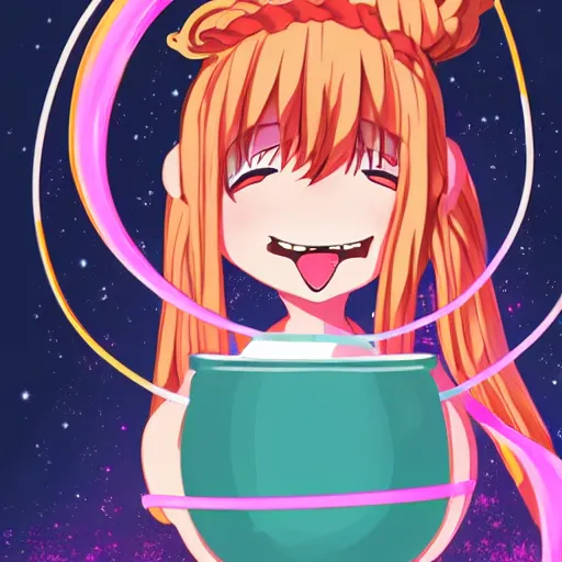 Image similar to Yandere anime girl smiling whilst holding a bowl of spaghetti in space, digital art