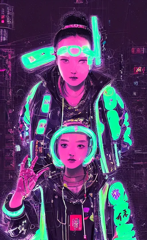 Prompt: detailed portrait Quest Love Neon Operator, cyberpunk futuristic neon, reflective puffy coat, decorated with traditional Japanese ornaments by Ismail inceoglu dragan bibin hans thoma !dream detailed portrait Neon Operator Girl, cyberpunk futuristic neon, reflective puffy coat, decorated with traditional Japanese ornaments by Ismail inceoglu dragan bibin hans thoma greg rutkowski Alexandros Pyromallis Nekro Rene Maritte Illustrated, Perfect face, fine details, realistic shaded, fine-face, pretty face