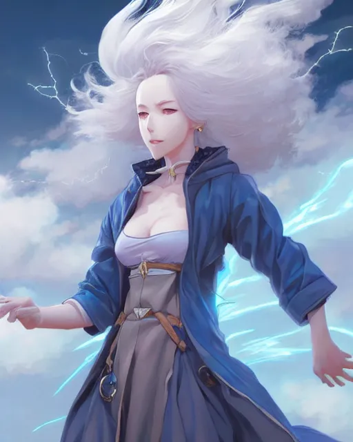 Image similar to character concept art of an anime thunderstormy cloud goddess of lightning | | cute - fine - face, pretty face, realistic shaded perfect face, fine details by stanley artgerm lau, wlop, rossdraws, james jean, andrei riabovitchev, marc simonetti, and sakimichan, tranding on artstation