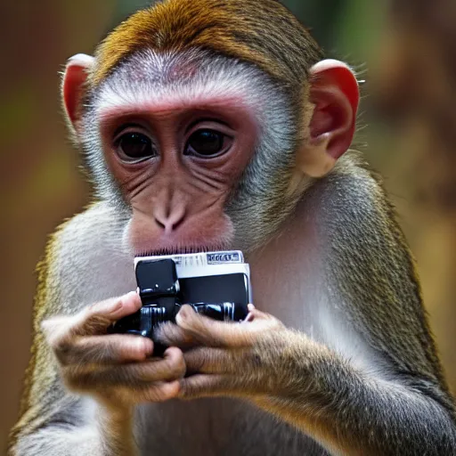 Prompt: Portrait of a monkey holding a camera