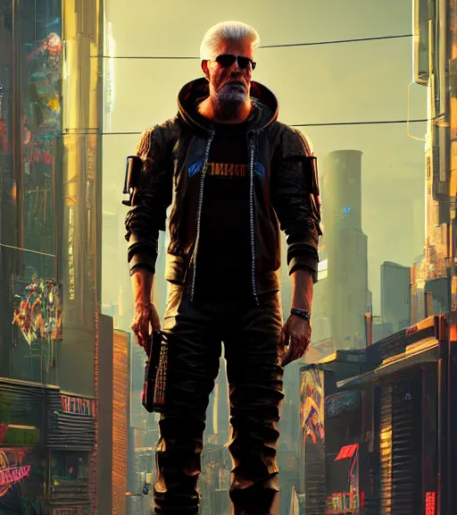 Image similar to cyberpunk 2 0 7 7, charismatic rugged male battle ted danson - mage portrait, clothed in hooded, metal - plated battle armor atmospheric lighting painted intricate volumetric lighting, beautiful, sharp focus, ultra detailed by leesha hannigan, ross tran, thierry doizon, kai carpenter, ignacio fernandez rios