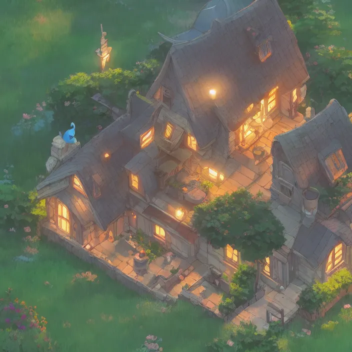 Prompt: rpg orthographic top view of a lovely cottage, seperated game asset, cory loftis, james gilleard, atey ghailan, makoto shinkai, goro fujita, studio ghibli, rim light, exquisite lighting, clear focus, very coherent, plain background, soft painting