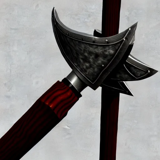 Image similar to Viking Battleaxe, Two Blades, Handle looks like a tree, blades bare the image of a wolf upon them, 3D render, fantasy weapon