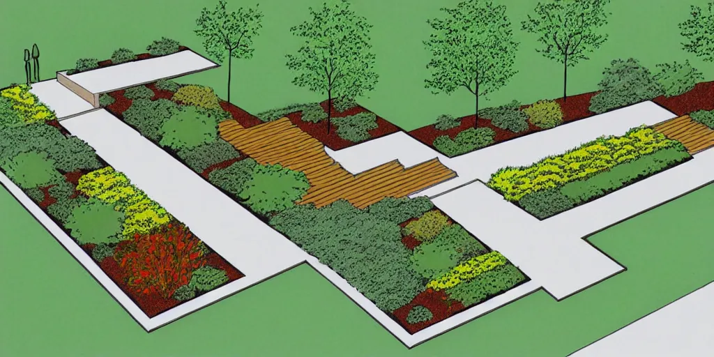 Prompt: overhead plans contemporary rectanguar minimal landscape garden, planting, tree, in the style of frank lloyd wright inspiration.