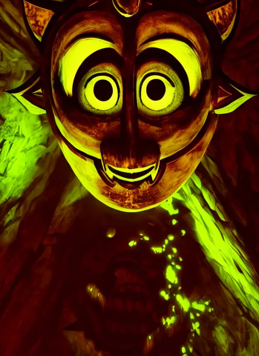 Image similar to majora\'s mask evil moon looking at the viewer maniacally, legend of zelda, dramatic lighting, cinematic, film, dynamic pose, movie scene, colorful, dark art, concept art, 8K, actor as role, octane render, visionary art, artstation,neon lighting, intense shadows