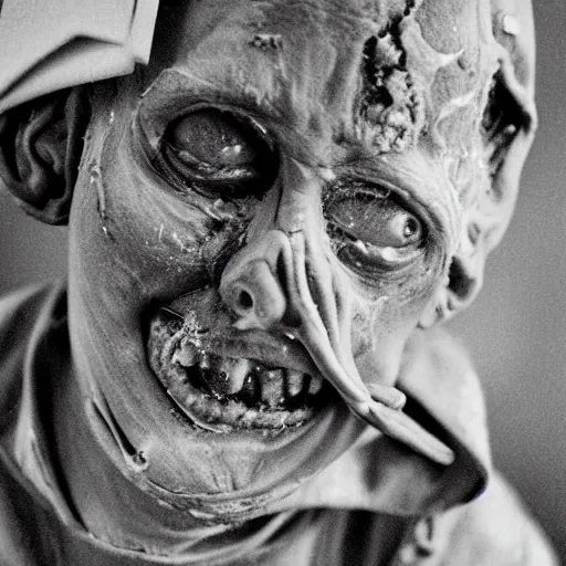 Image similar to deformed irradiated person with acute radiation sickness flaking, melting, rotting skin wearing 1950s clothing background a 1950s nuclear wasteland. Photo is black and white award winning photo highly detailed, highly in focus, highly life-like, facial closeup taken on Arriflex 35 II, by stanley kubrick