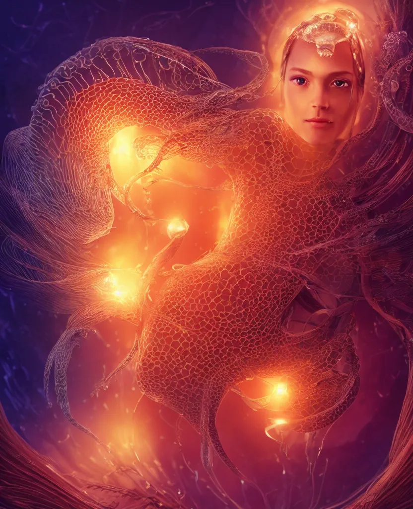 Image similar to close-up macro portrait of the face of a beautiful princess, epic angle and pose, symmetrical artwork, 3d with depth of field, blurred background, cybernetic jellyfish female face skull phoenix bird, translucent, nautilus, energy flows of water and fire. a highly detailed epic cinematic concept art CG render. made in Maya, Blender and Photoshop, octane render, excellent composition, cinematic dystopian brutalist atmosphere, dynamic dramatic cinematic lighting, aesthetic, very inspirational, arthouse. y Greg Rutkowski, Ilya Kuvshinov, WLOP, Stanley Artgerm Lau, Ruan Jia and Fenghua Zhong