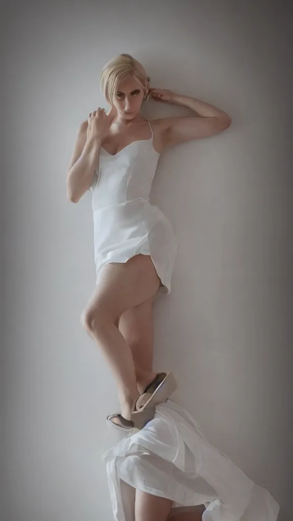 Image similar to cute annie leonhart in open toe heels in a white dress in a white room, beautiful face, pale skin, rule of thirds, cinematic lighting, rainy weather, melancholy atmosphere, sharp focus, backlit, stunning, model agency, smooth, hard focus, full body shot, instagram photo, shot on sony a 7 iii, hyper realistic,