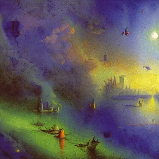 Image similar to numerical symetrical misty galaxy cube pigeon convertible basin can, by ivan aivazovsky and marc chagall and albrecht durer, watercolor, parallax, panorama