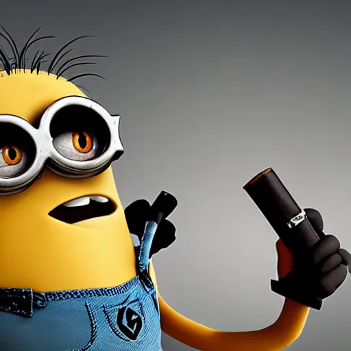 Image similar to brutal minion with cigar in mouth, holding shotgun