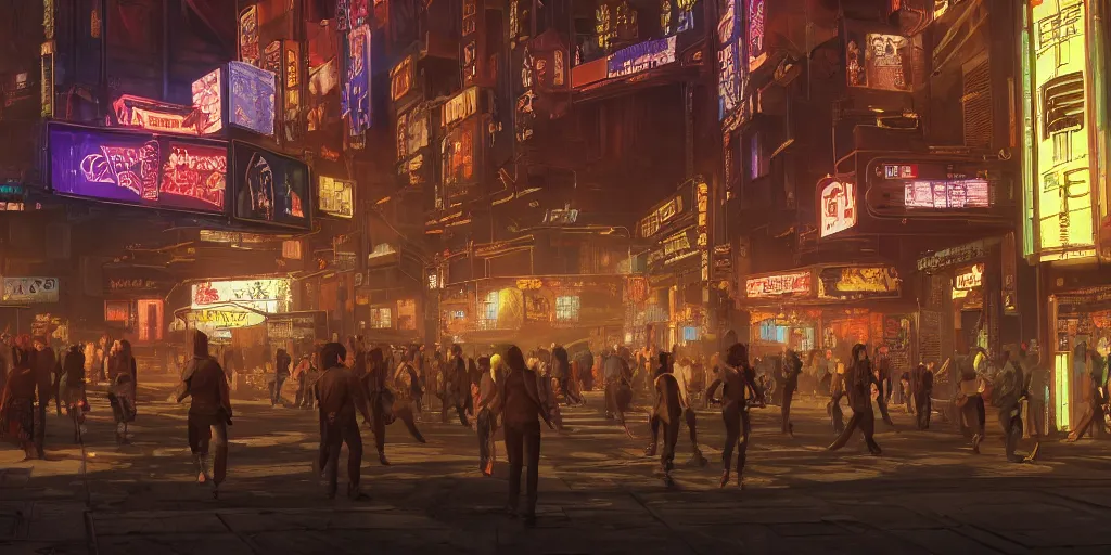 Image similar to Photorealistic cyberpunk theatre in crowded Charlottetown night. Hyperdetailed photorealism, UHD, amazing depth, glowing rich colors, golden ration, 3D octane cycle unreal engine 5, 3d shading, cinematic lighting, artstation concept art