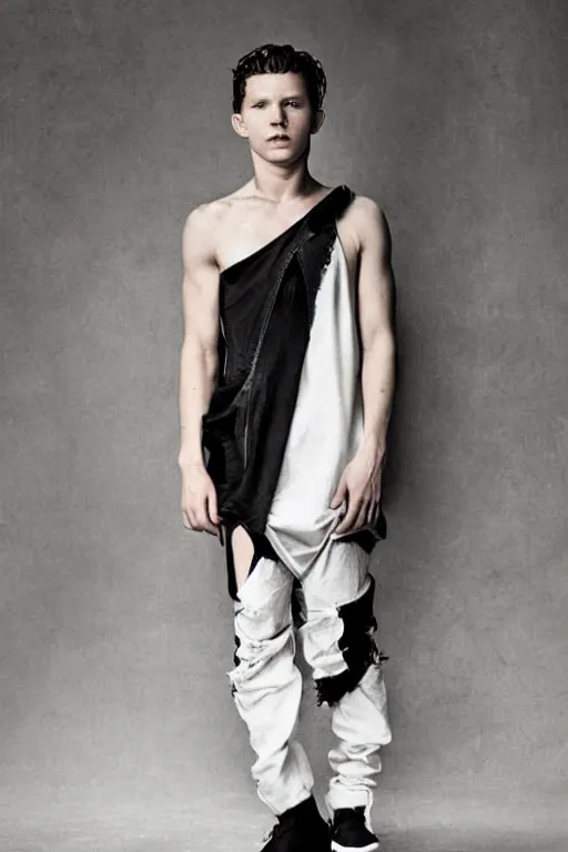 Prompt: tom holland, portrait of a tom holland wearing rick owens clothing, rick owens drkshdw, darkwear look and clothes, we see them from feet to head, highly detailed and intricate, luxury, outfit photo, trending on r / streetwear