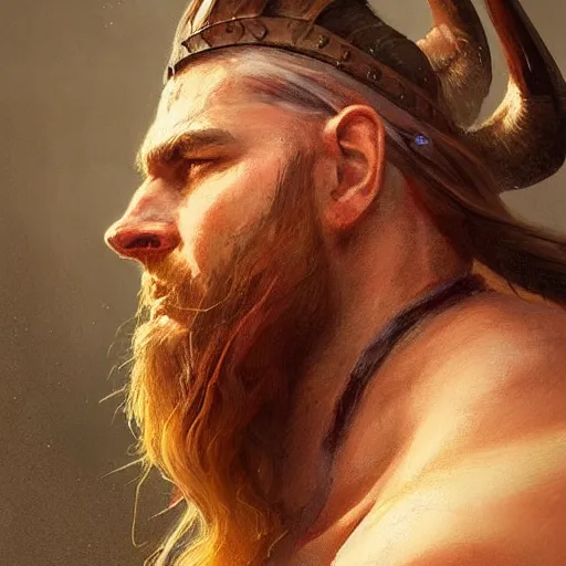 Prompt: a beautiful artwork side profile portrait of a viking with horns by greg rutkowski , featured on artstation, norse mythology, valhalla