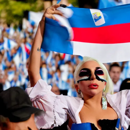 Image similar to Lady Gaga as president, Argentina presidential rally, Argentine flags behind, bokeh, giving a speech, detailed face, Argentina