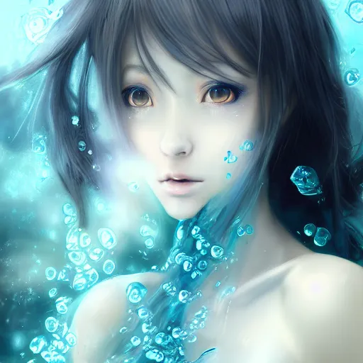 Prompt: advanced digital portrait painting photograph, a very beautiful anime girl wearing a dress made of water standing in a crystal lake turning into mist , full body, very long black hair, azure blue watery eyes, full round face, seductive stare, cinematic lighting, medium shot, mid-shot, highly detailed, trending on artstation, Unreal Engine 4k, Stanley Artgerm Lau, WLOP, Rossdraws, James Jean, Andrei Riabovitchev, Marc Simonetti, and Sakimichan