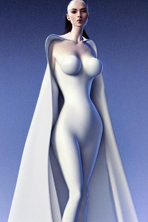 Image similar to detailed beautiful noun in opened white gold blue coat, seductive confident pose, attractive feminine curves, intricate details, futuristic, alien, elegant cape, elegant, photorealism, trending on artstation, sharp, holy halo, advanced technology, art by moebius and vitaly bulgarov and chanthara