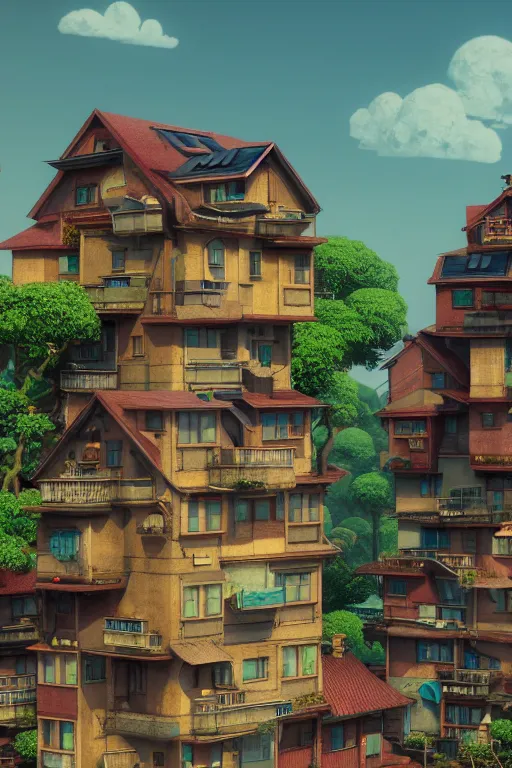 Image similar to stacked houses, solarpunk, francois schuiten, studio ghibli, octane render, 4 k