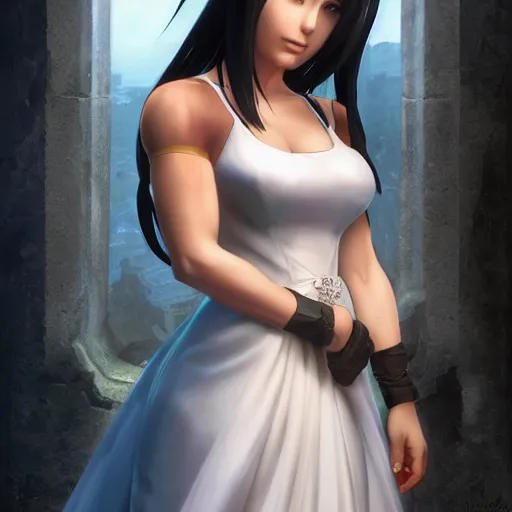 Image similar to tifa lockhart in a wedding dress, cg animation, riot entertainment, arcane, realistic, character select portrait, by artgerm, greg rutkowski, alphonse mucha, 3 d