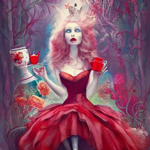 Prompt: the red queen from alice in wonderland having a tea party by anna dittmann, highly detailed, bright tones
