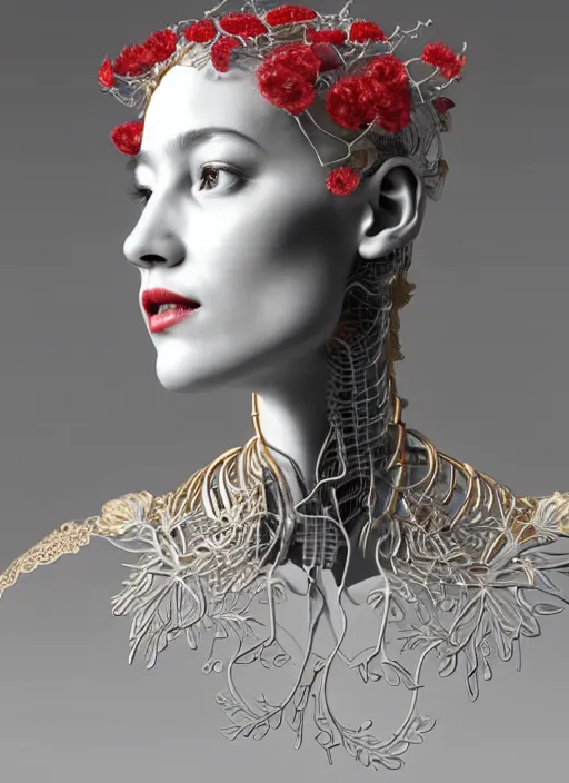 Prompt: complex 3d render ultra detailed of a beautiful porcelain profile woman face, mechanical cyborg, 150 mm, beautiful natural soft light, rim light, silver gold details, magnolia big leaves and stems, roots, fine foliage lace, maze like, mesh wire, red lips, intricate details, hyperrealistic, ultra detailed, mandelbrot fractal, anatomical, white metal neocubism armor, facial muscles, cable wires, microchip, elegant, octane render, H.R. Giger style, 8k