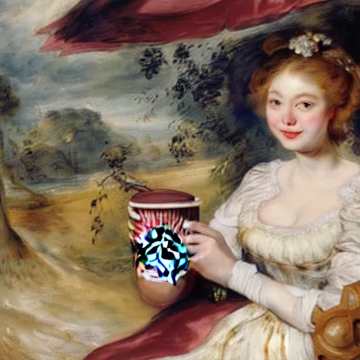 Image similar to heavenly summer sharp land sphere scallop well dressed lady drinking a starbucks coffee paper cup, auslese, by peter paul rubens and eugene delacroix and karol bak, hyperrealism, digital illustration, fauvist, starbucks coffee cup