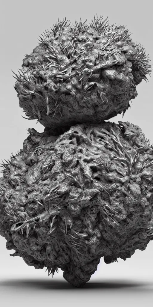 Image similar to 3 d photographic render of a hericium sculpture, chrometype, made of liquid metal, neotribal with thorns and thunders, raytracing, hyper realistic, volumetric lightning, 8 k, by zhelong xu and ouchh studio