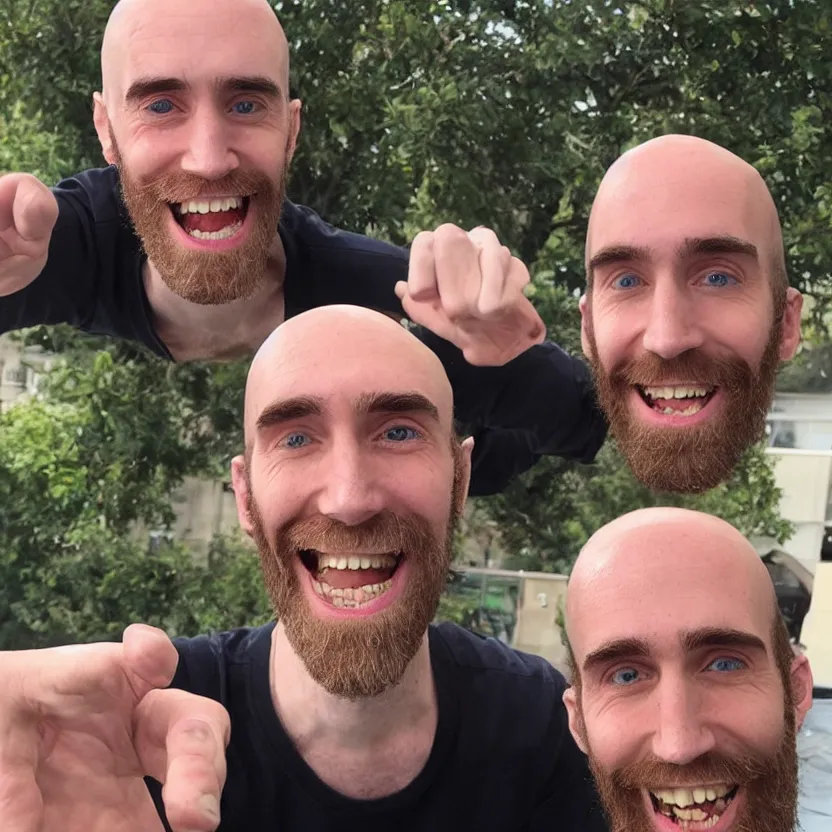 Image similar to Asmongold smiling with a bald head and beard