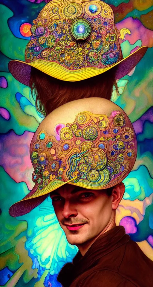 Image similar to An extremely psychedelic celestial smiling Larry Harvey white fedora hat, colorful, surreal, dramatic lighting, magic mushrooms, psilocybin, LSD, detailed, intricate, elegant, highly detailed, digital painting, artstation, concept art, smooth, sharp focus, illustration, art by Krenz Cushart and Artem Demura and alphonse mucha