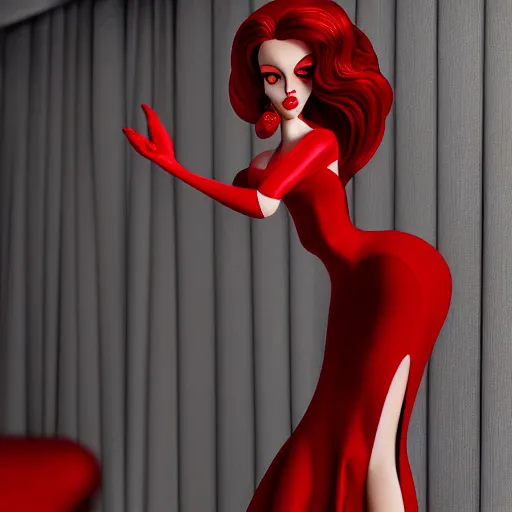 Prompt: photography beautiful flawless jessica rabbit in her red dress, femme fetal, darkroom, dramatic high contrast lighting like sin city, ultra - realistic, intricate detail, 8 k, octane render