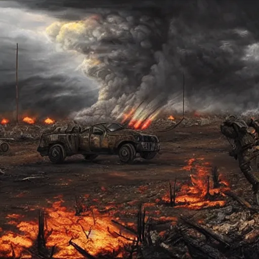 Image similar to hyper realism, realistic apocalyptic war scene, explosions