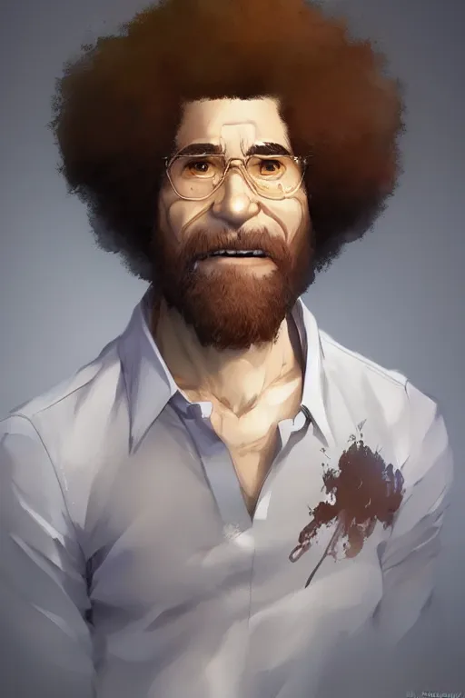 Image similar to An anime portrait of Bob Ross, by Stanley Artgerm Lau, WLOP, Rossdraws, James Jean, Andrei Riabovitchev, Marc Simonetti, and Sakimichan, tranding on artstation, SFW version