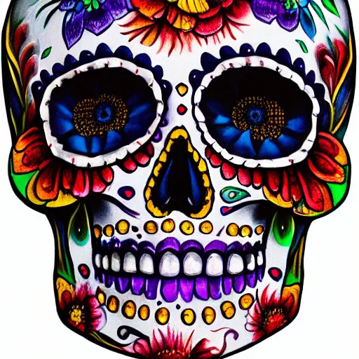 Prompt: a real - life human skull beautifully painted for dia de muertos as a sugar skull, 1 6 k resolution, ultra realistic, highly detailed, colorful, festive