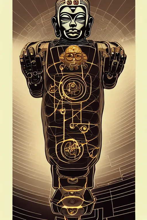 Image similar to a study of cell shaded of a cyborg robot 1000 arm buddha, golden ratio, character concept art by Shepard Fairey, james jean, Mike Mignola, Laurie Greasley, highly detailed, sharp focus, sharp linework, clean strokes, motherboard, Artstation, deviantart, artgem