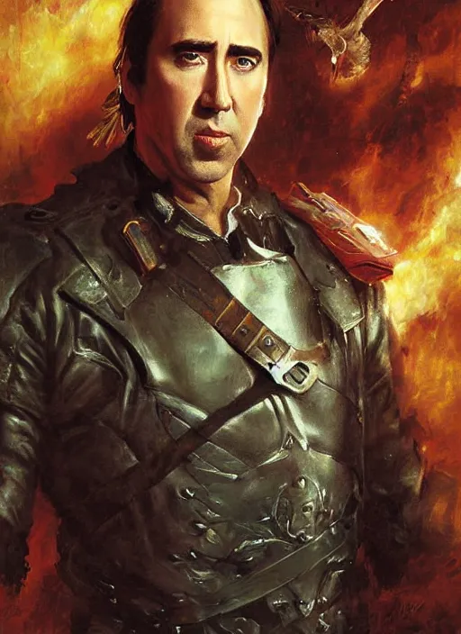 Prompt: nicholas cage as a ranger painted by raymond swanland