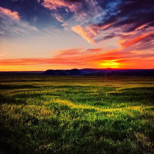 Image similar to sunset above plains and meadow, beautiful landscape, high detail, instagram photo, professional dslr photo, creative composition, beautiful composition