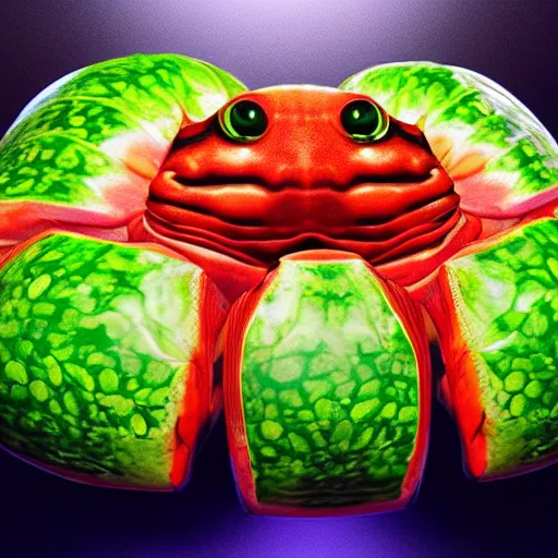 Image similar to photorealistic watermelon crab. hyperdetailed photorealism, 1 0 8 megapixels, amazing depth, glowing rich colors, powerful imagery, psychedelic overtones, 3 d finalrender, 3 d shading, cinematic lighting, artstation concept art