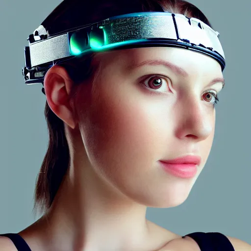 Prompt: A digital portrait of a beautiful girl wearing cyborg headgear, centered face, intricate complexity, rule of thirds