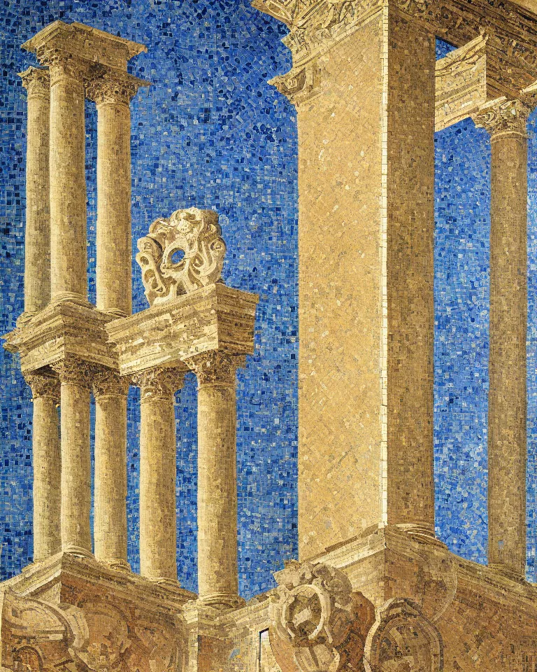 Image similar to achingly beautiful painting of intricate ancient roman corinthian capital on mosaic background by rene magritte, monet, and turner. giovanni battista piranesi.