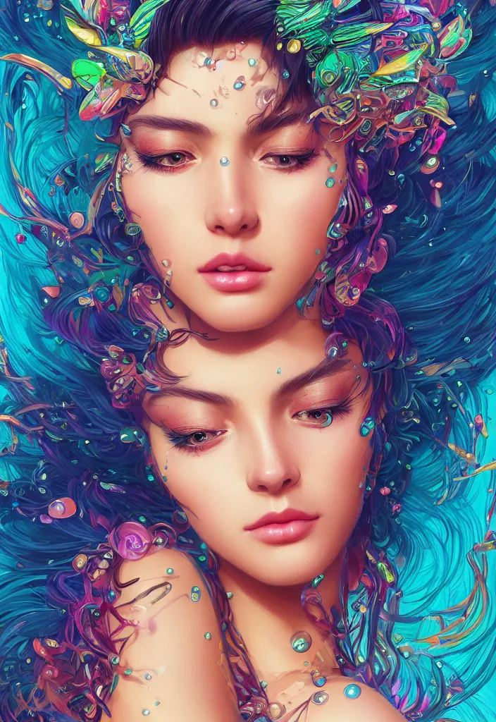 Image similar to beautiful, young woman, detailed gorgeous face, vaporwave aesthetic, synthwave, colorful, psychedelic, crown, water drops and feathers, artstation, concept art, smooth, extremely sharp detail, finely tuned detail, ultra high definition, 8 k, unreal engine 5, ultra sharp focus, illustration, art by artgerm and greg rutkowski and alphonse mucha