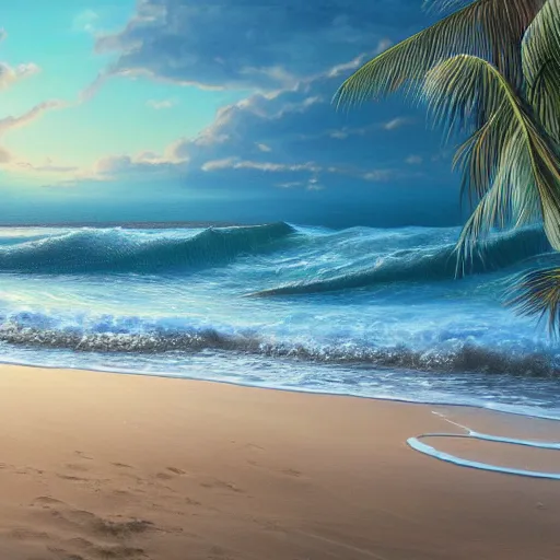 Image similar to A beautiful detailed painting of an exotic deserted beach with big waves, lit by sunset, by Quentin Marsollier, unreal engine, featured on artstation, ultrawide angle, f8